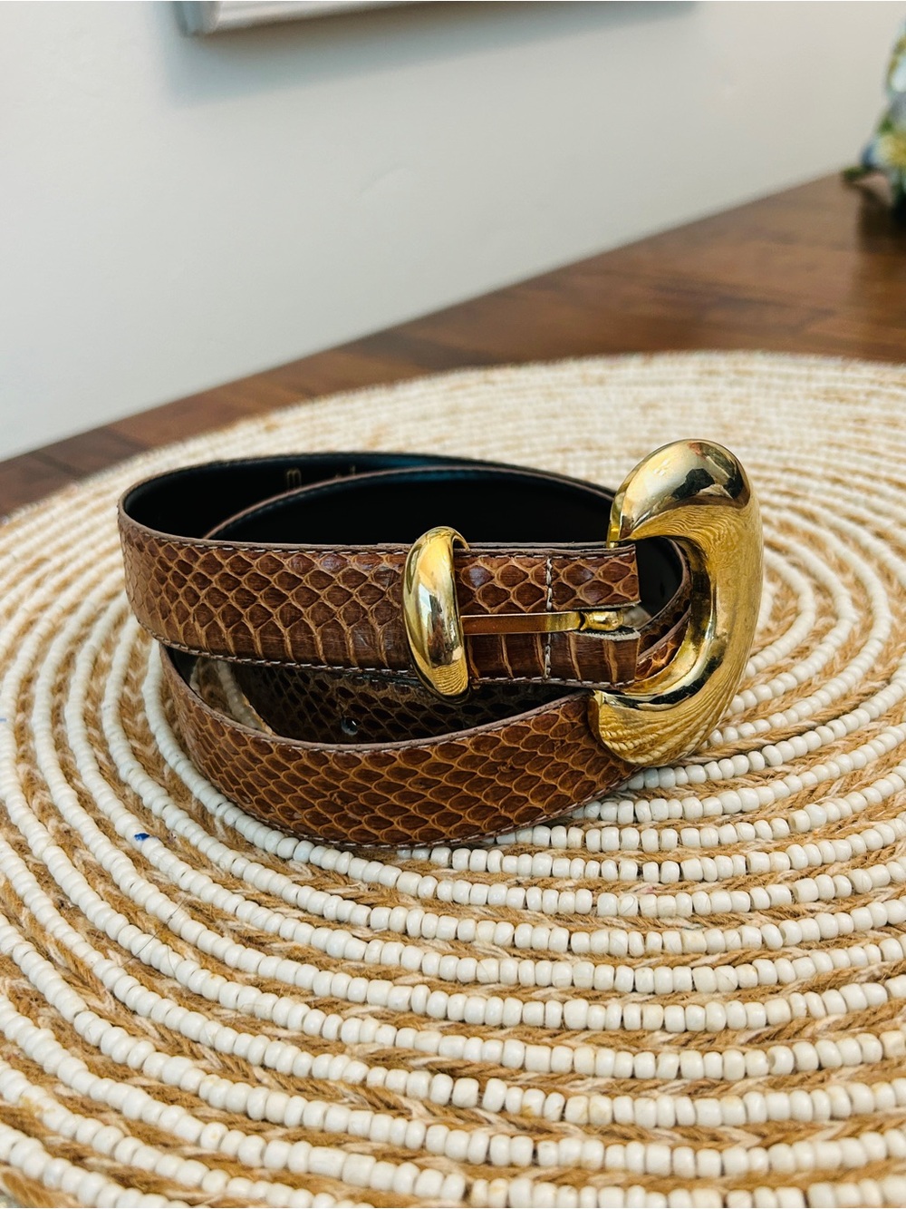 Magid Brown Snake-Embossed Leather Belt with Gold Curved Buckle